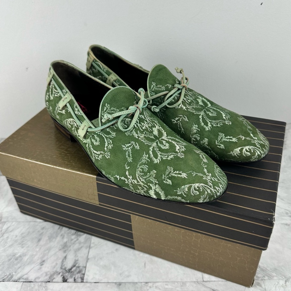 Jo Ghost Green Suede Embroidered Loafers Italy Slip On Sz 42 US 9